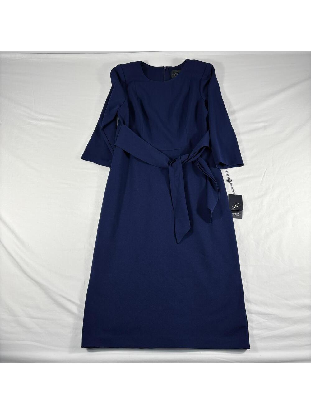 Adrianna Papell Knit Crepe Tie Waist Sheath Dress Navy Sateen Size 10